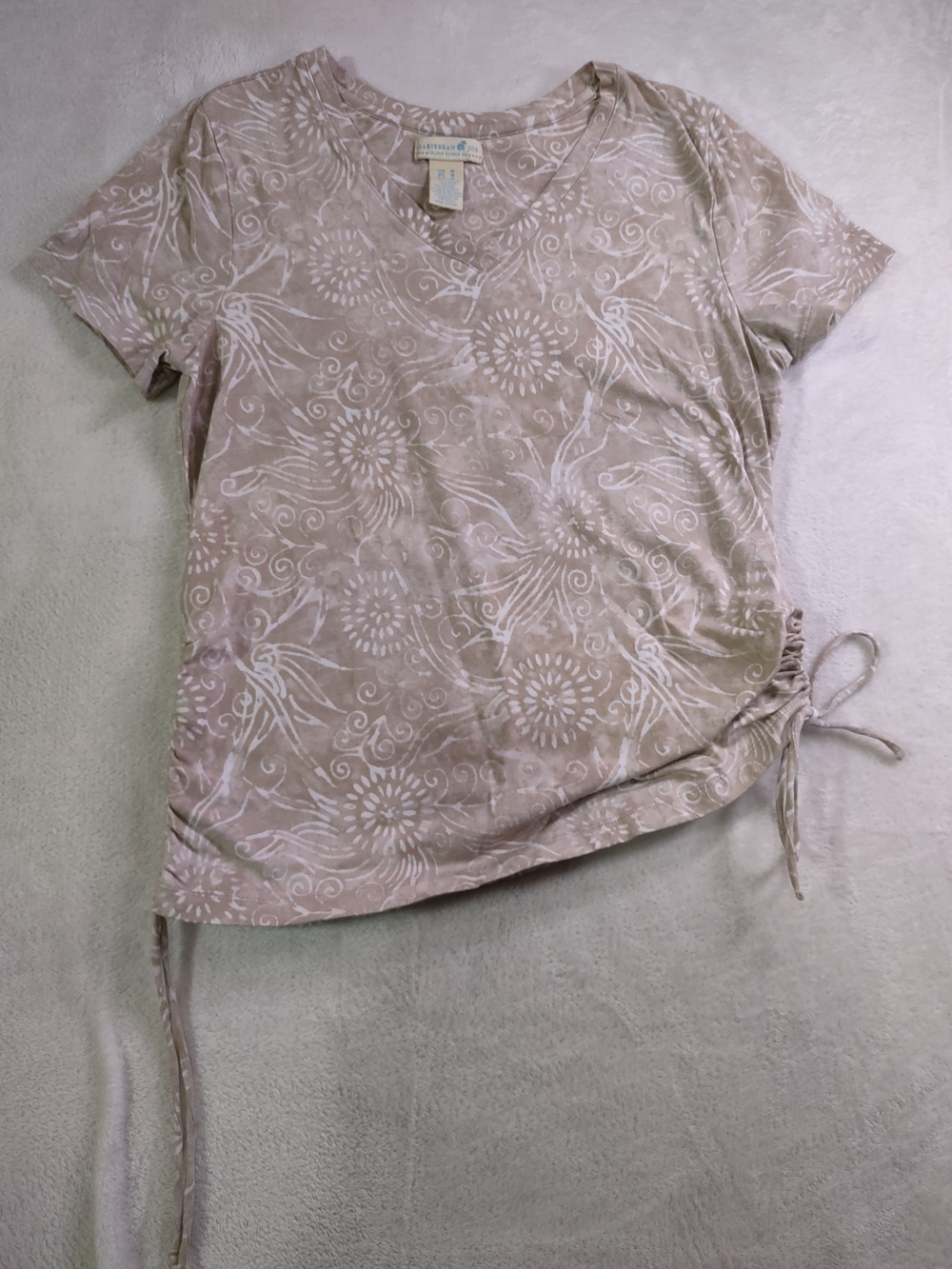 Caribbean Joe Soft Cream Floral V-Neck Short Sleeve Side-Tie Top